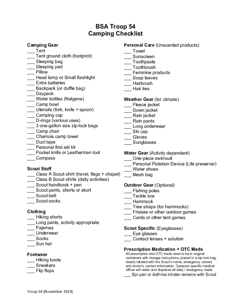 Fillable Online Boy Scout Camping Gear For Weekend Fax