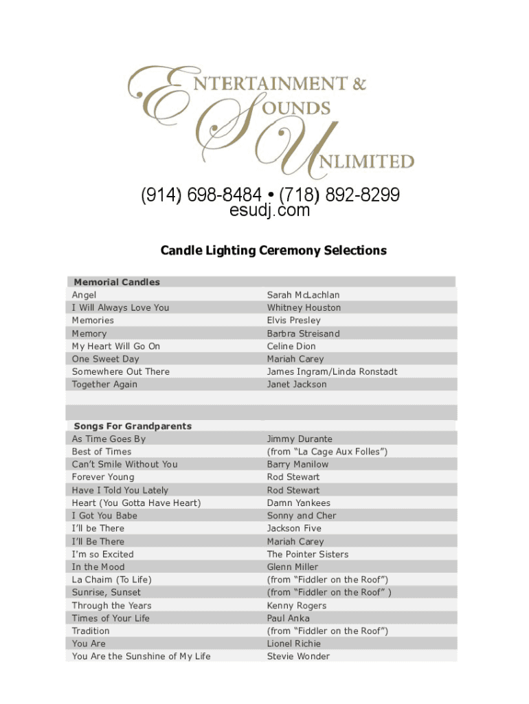 Fillable Online Most Popular Candle Lighting Songs PDF Free Download