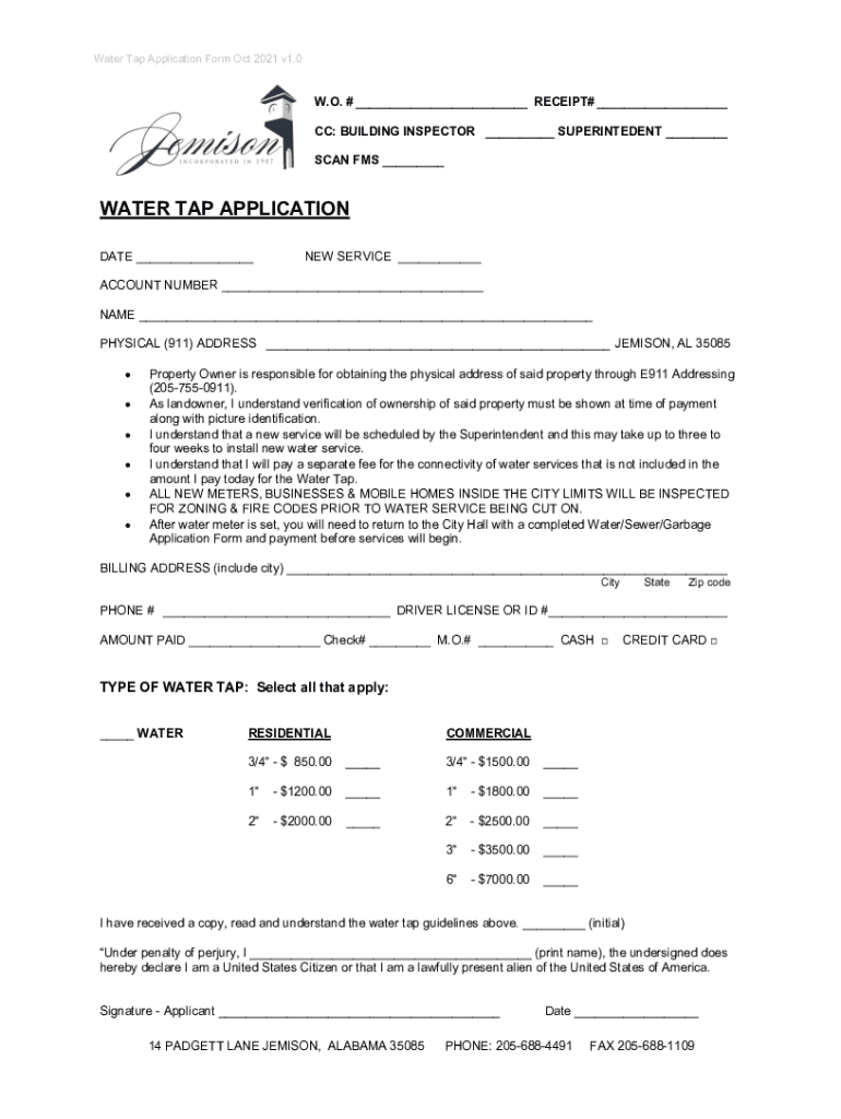 Fillable Online RESIDENTIAL WATER TAP APPLICATION Fax Email Print