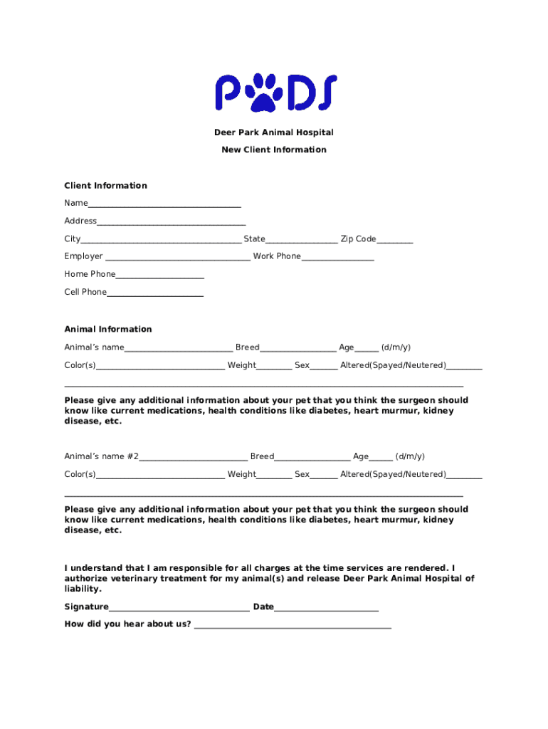 DEER PARK ANIMAL HOSPITAL New Client Ination Sheet Doc Template pdfFiller