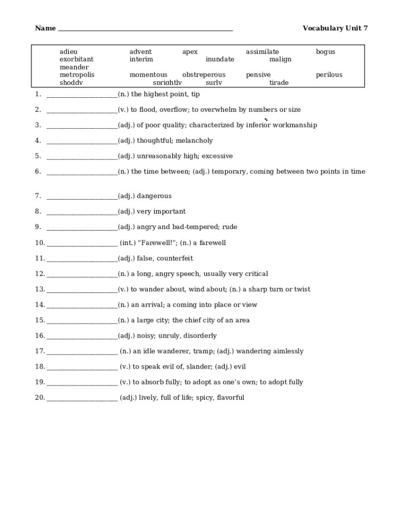 Vocabulary Workshop Level D Unit 7 Flashcards Doc Template | pdfFiller