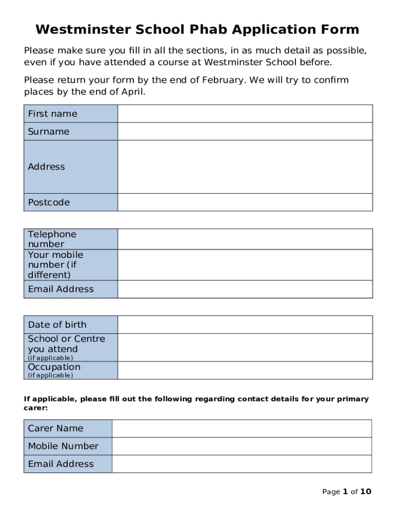 Westminster School Phab Application Doc Template pdfFiller