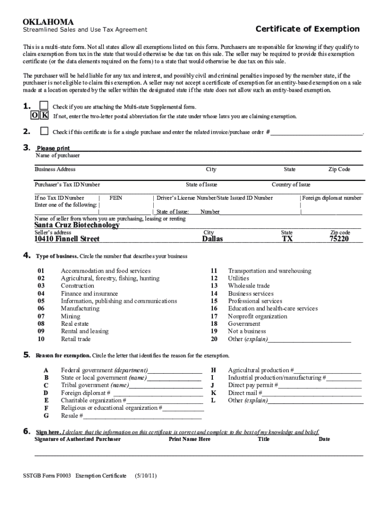 Fillable Online Streamlined Sales Tax Certificate of Exemption Oklahoma.gov Fax Email Print