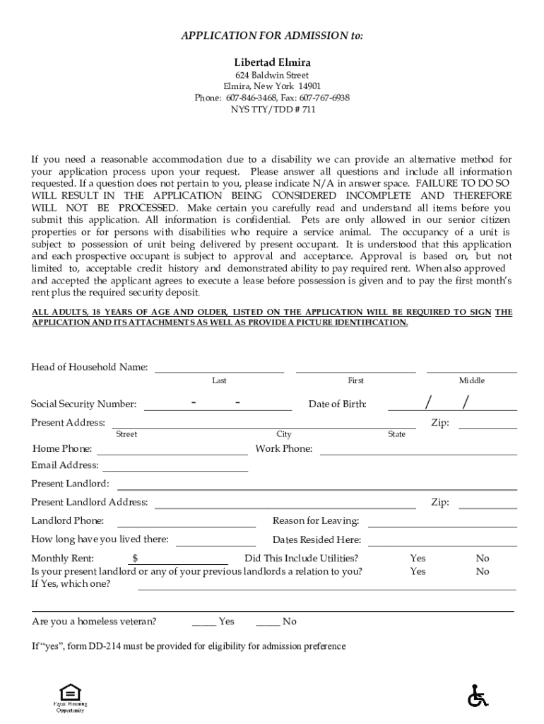 Fillable Online Libertad Elmira NAME Application Type of Housing Fax Email Print pdfFiller