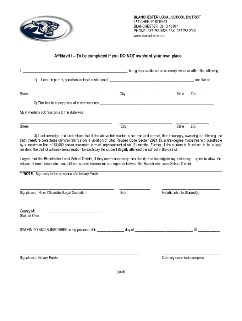 Fillable Online Blanchester Local School District Home Fax Email Print