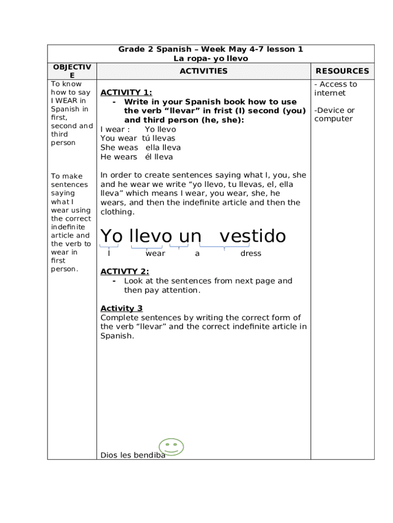 Describing what you wear in Spanish Spanish Lesson 25 fbcs edu Doc