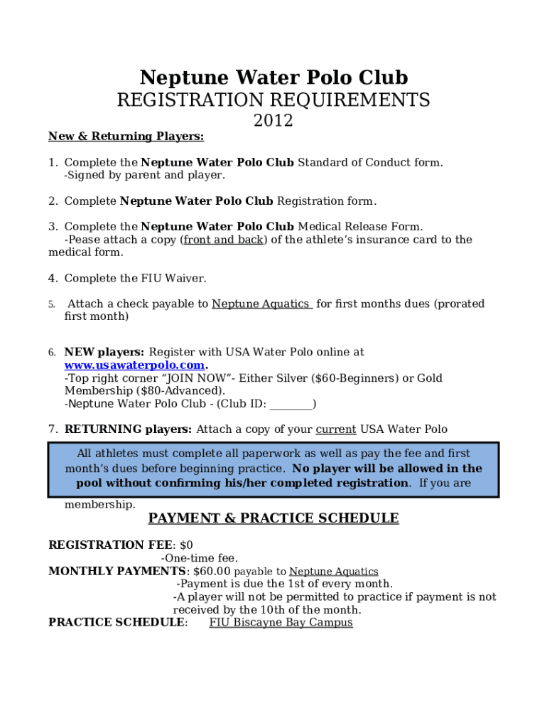 Neptunes Water Polo Club Athlete Code of Conduct Doc Template pdfFiller