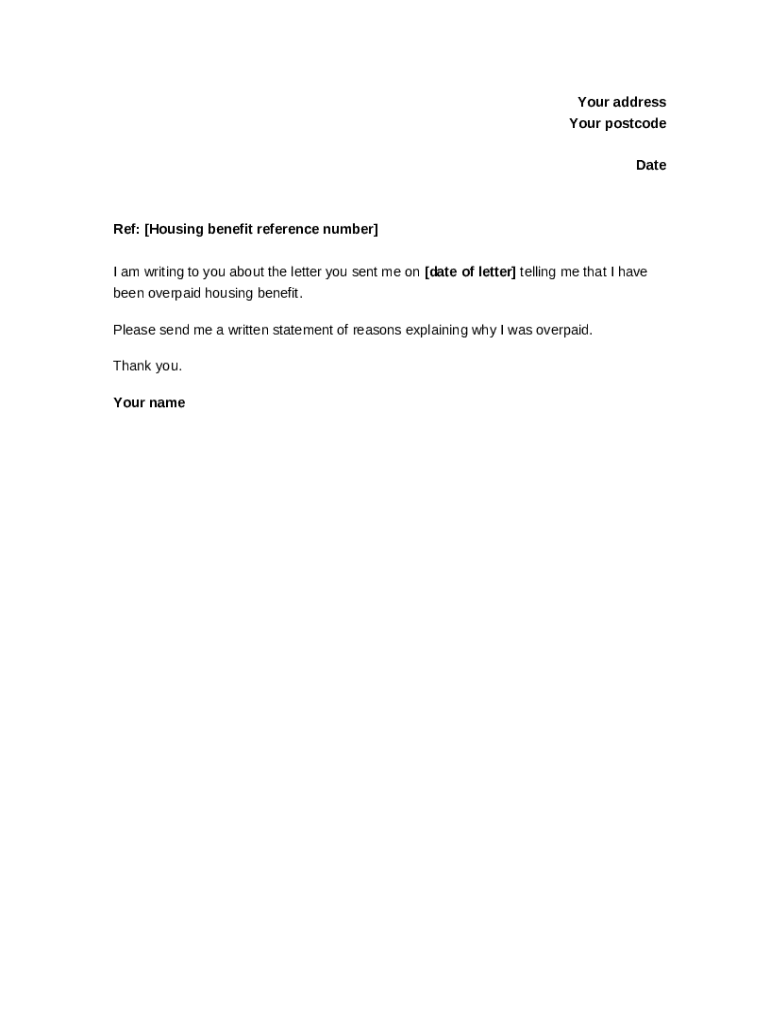 Letter template Housing benefit overpayment reasons Doc Template