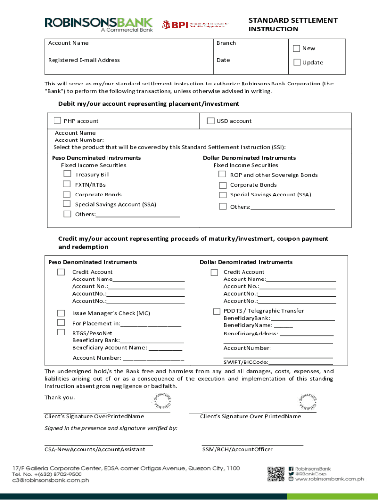 Fillable Online STANDARD SETTLEMENT INSTRUCTION Fax Email Print pdfFiller