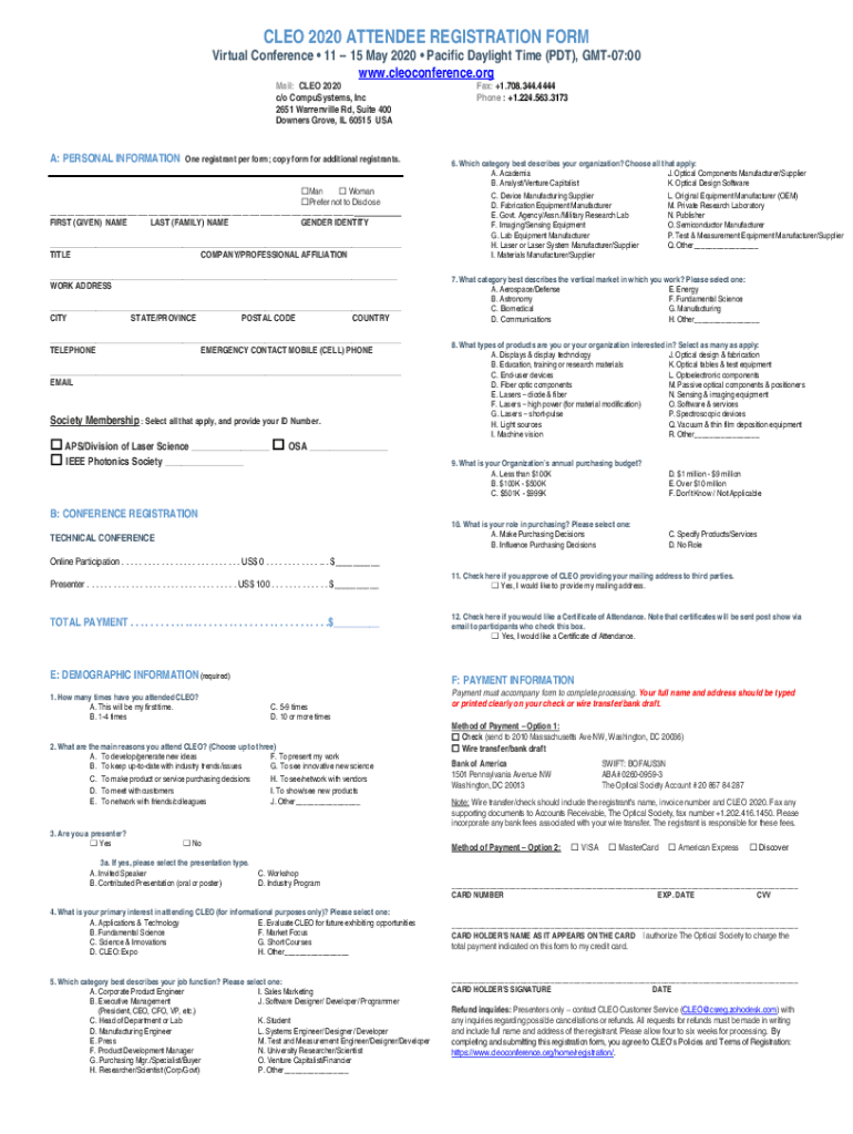 Fillable Online cleo 2020 attendee registration form Fax Email Print