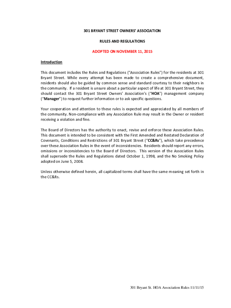 Fillable Online 301 bryant street owners' association rules and