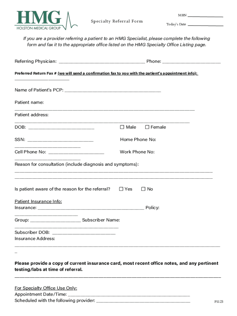 Fillable Online Specialty Referral Form Kingsport Fax Email Print pdfFiller