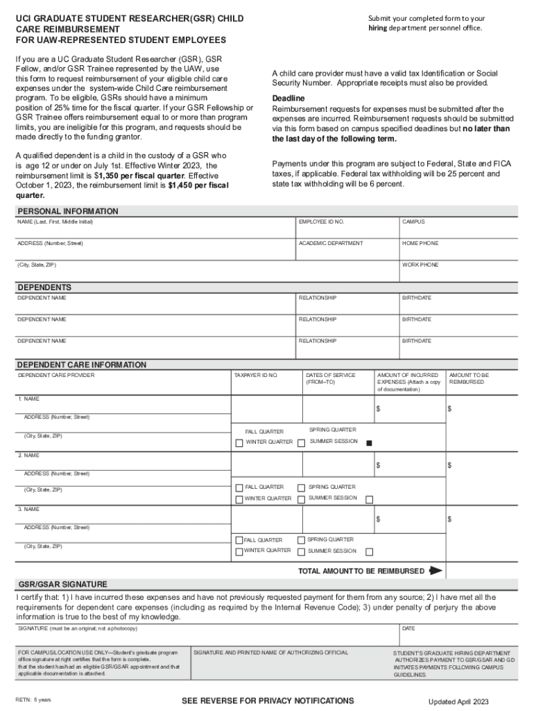 Fillable Online UCIGSRChildCareReimbursementForm Fax Email