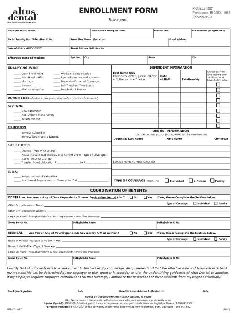Fillable Online Altus Dental Benefit Summaries with Enrollment Form Fax