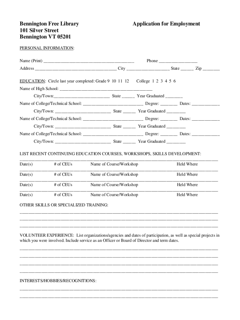 Fillable Online Bennington Free Library Application for Employment Fax
