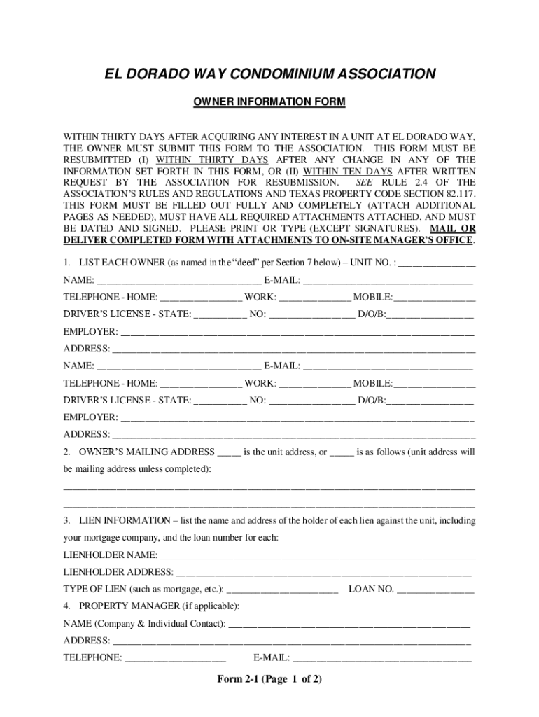 Fillable Online El Dorado of Sun City Condominium Association Fax Email