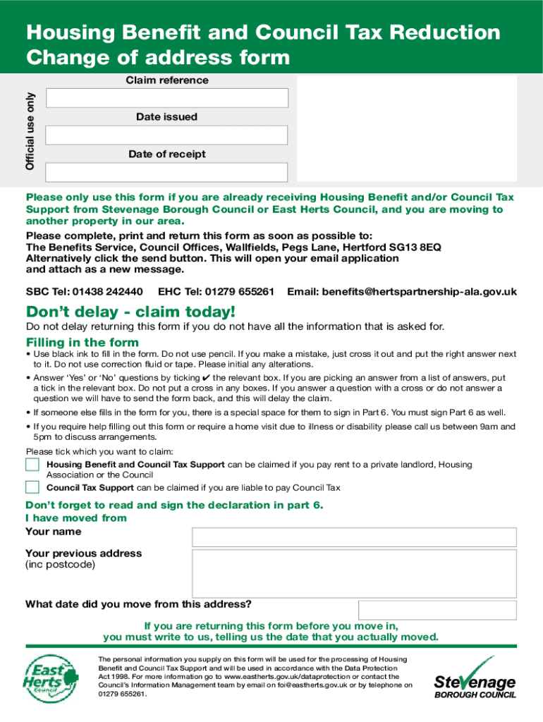 Fillable Online Change of Address Form Housing Benefit Hull City