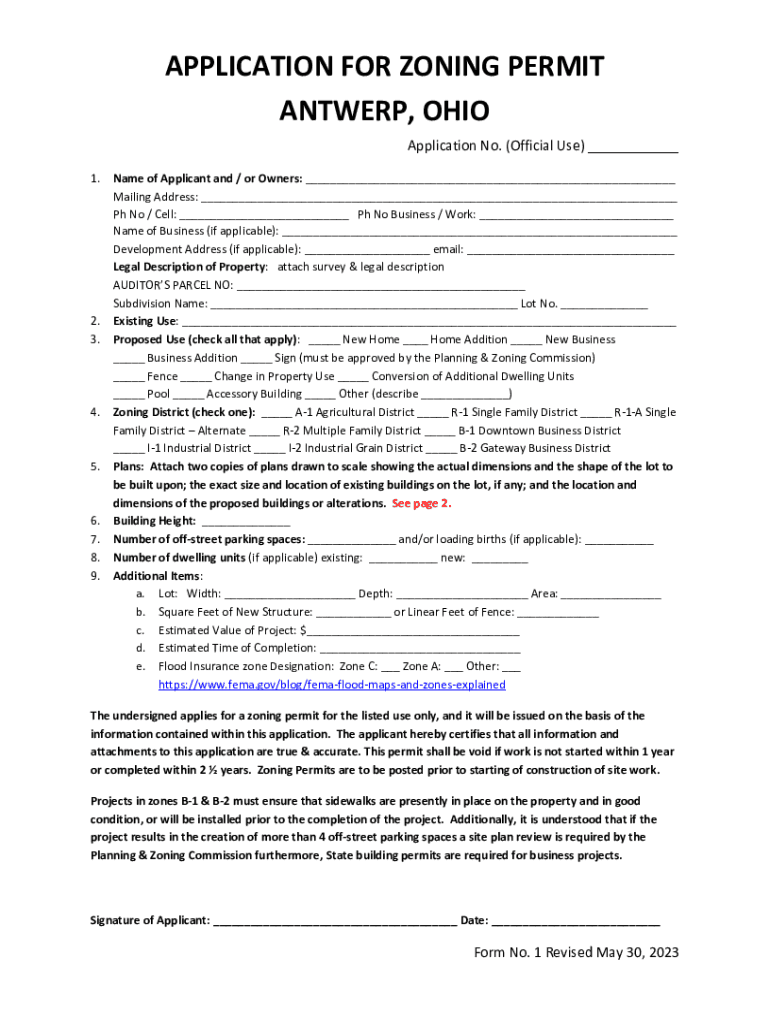 Fillable Online APPLICATION FOR ZONING PERMIT ANTWERP, OHIO Fax Email