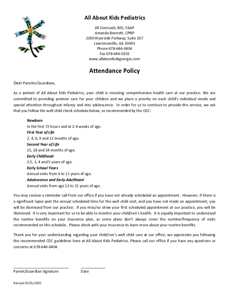 Fillable Online Attendance Policy All About Kids Pediatrics Fax Email