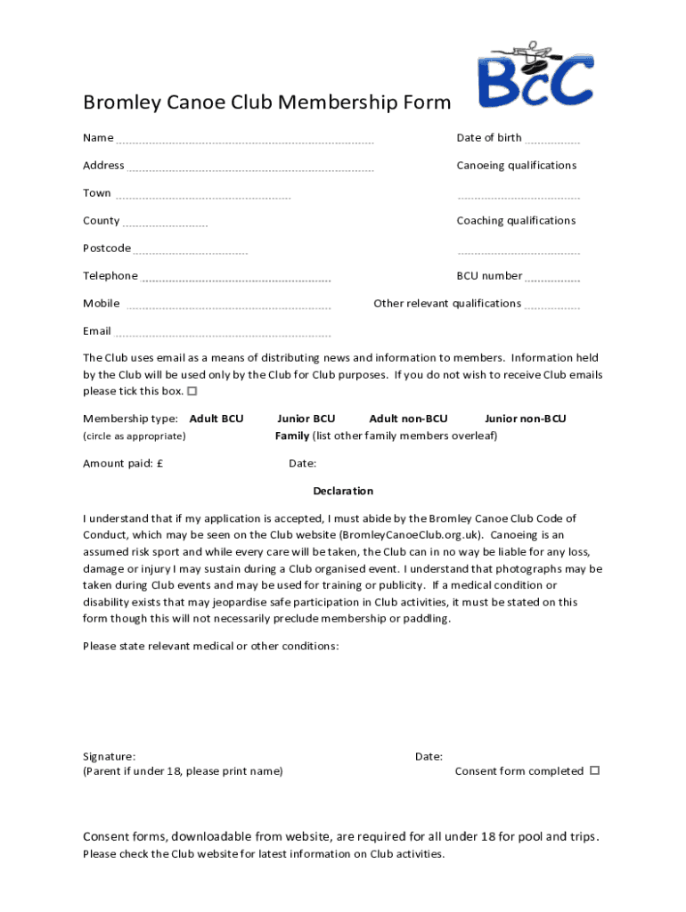Fillable Online Bromley Canoe Club Membership Form Fax Email Print