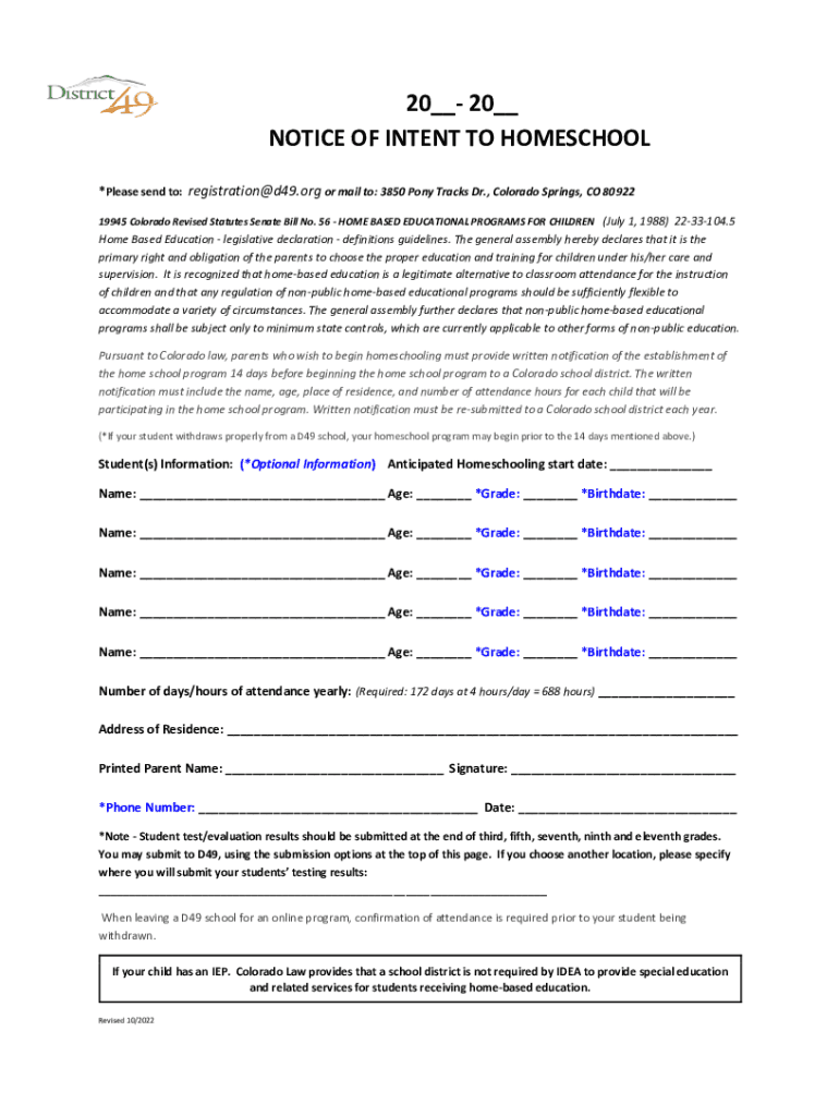 Fillable Online Sample Notice of Intent to Homeschool in Colorado (NOI