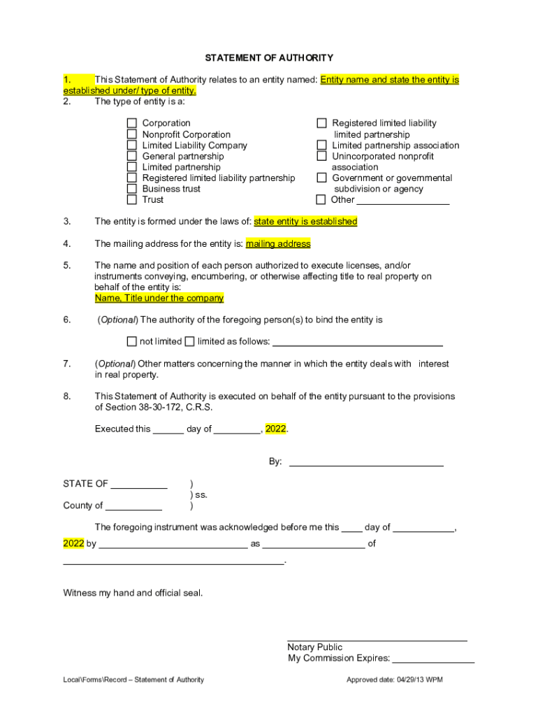 Fillable Online CO Statement of Authority 1 Forms Fax Email Print pdfFiller