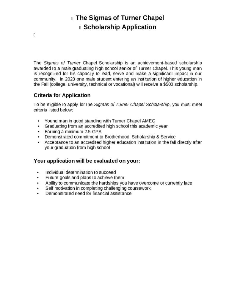 The Sigmas of Turner Chapel Scholarship Application Doc Template pdfFiller