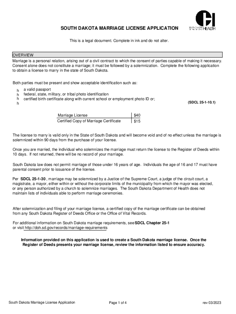 Fillable Online turner sdcounties SOUTH DAKOTA MARRIAGE LICENSE APPLICATION Fax Email Print