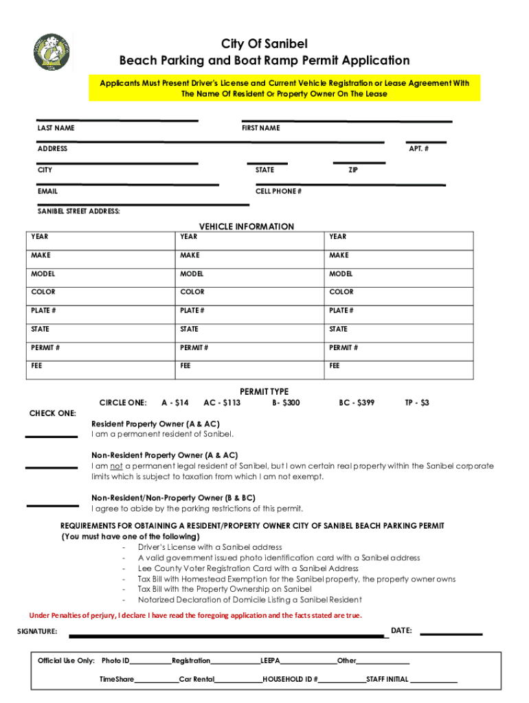 Fillable Online City Of Sanibel Beach Parking and Boat Ramp Permit