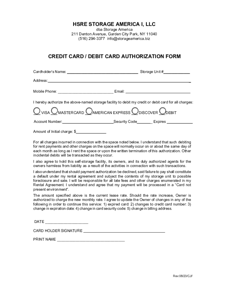 Fillable Online Credit Card / debit card authorization form Storage