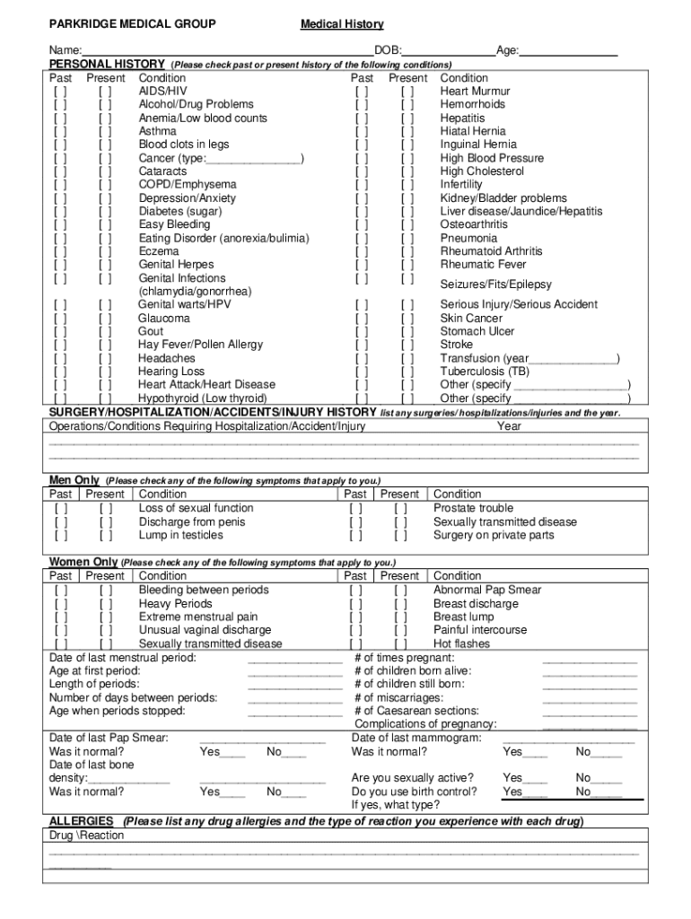 Fillable Online Parkridge Medical Group Medical History. Medical