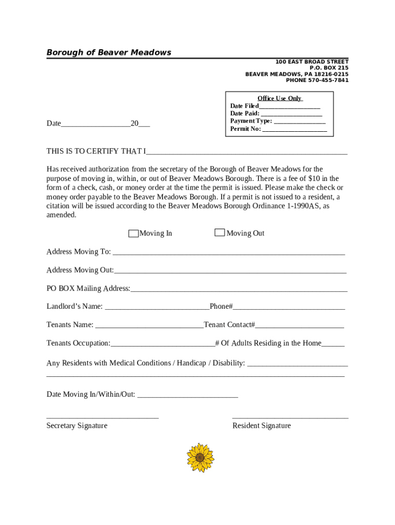 Beaver Meadows borough, Carbon County, Pennsylvania Doc Template