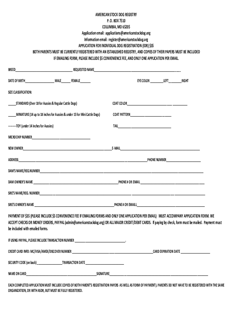 Fillable Online Register American Stock Dog Registry Fax Email Print