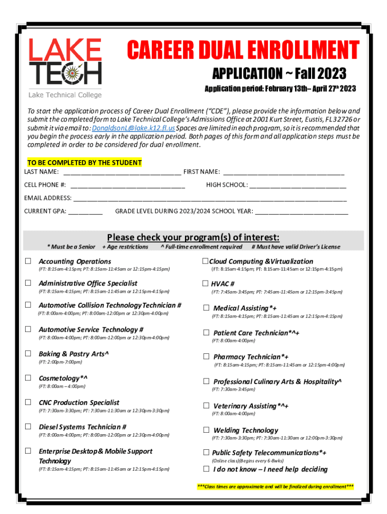 Fillable Online Career Dual Enrollment Admissions ProcessFAQ's Fax