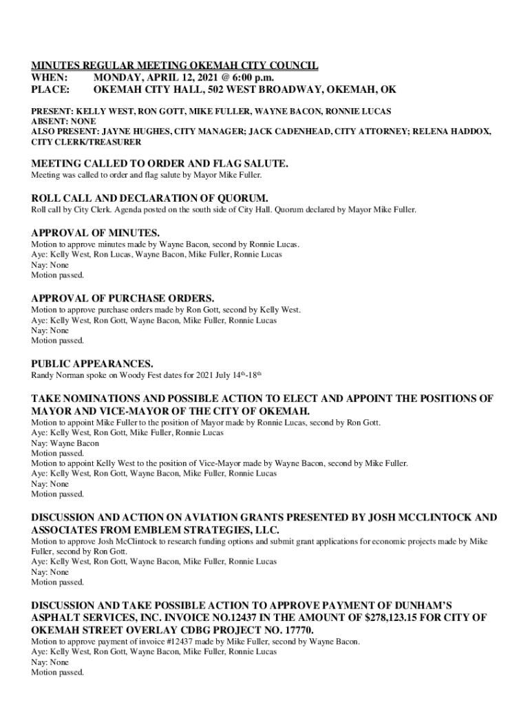 Fillable Online OKEMAH CITY HALL, 502 WEST BROADWAY, OKEMAH, OK Fax