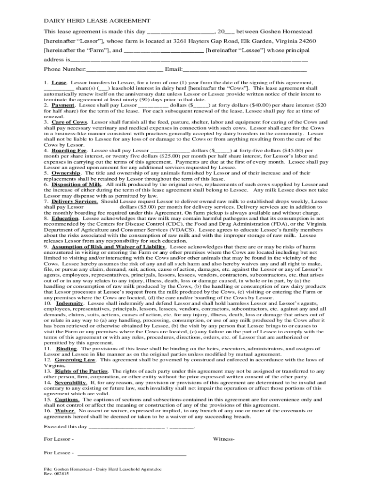 Fillable Online DAIRY COW LEASE AGREEMENT Fax Email Print pdfFiller