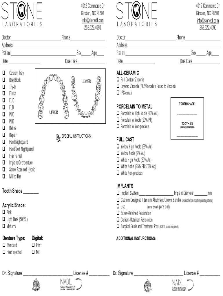 Fillable Online Stone Dental Laboratory Full Service Dental Lab Fax