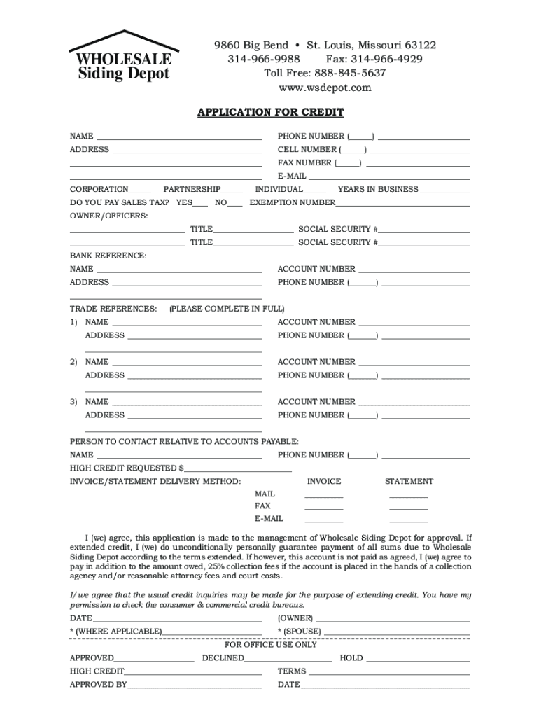 Fillable Online Wholesale Siding Depot, 9860 Big Bend Blvd, Saint Louis Fax Email Print