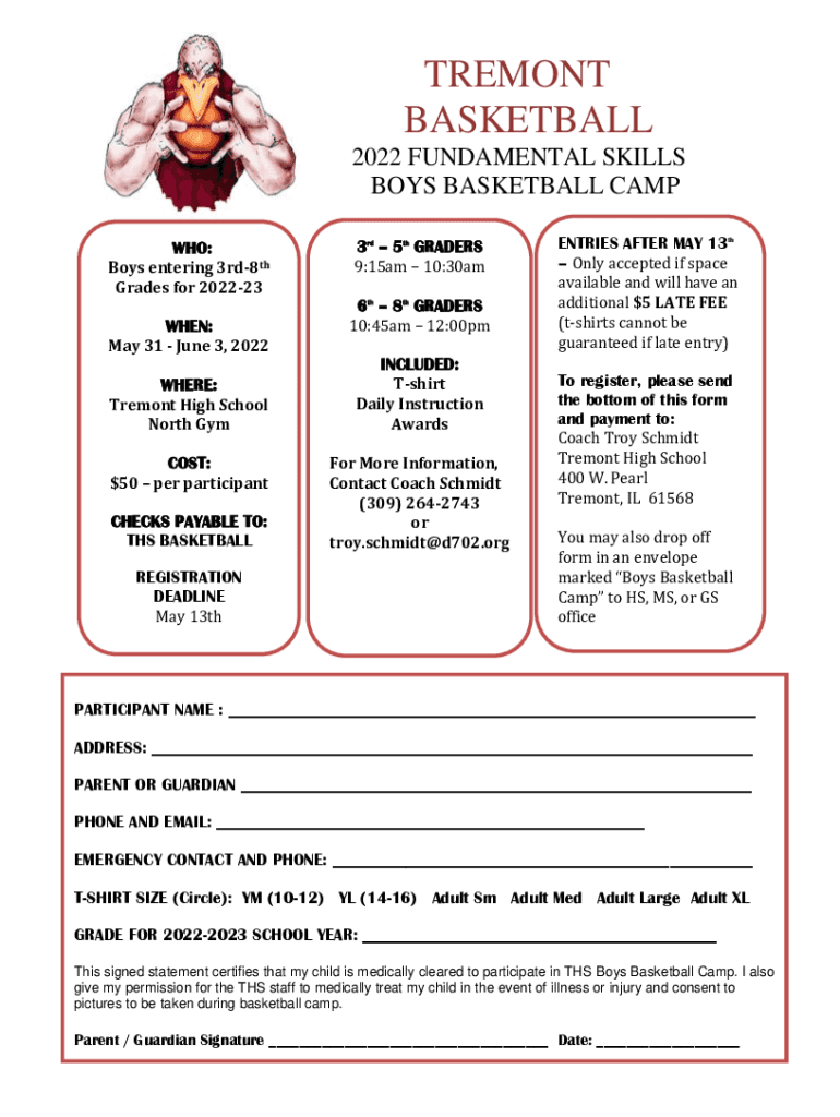 Fillable Online Middle School Boys Basketball Tremont High School Fax
