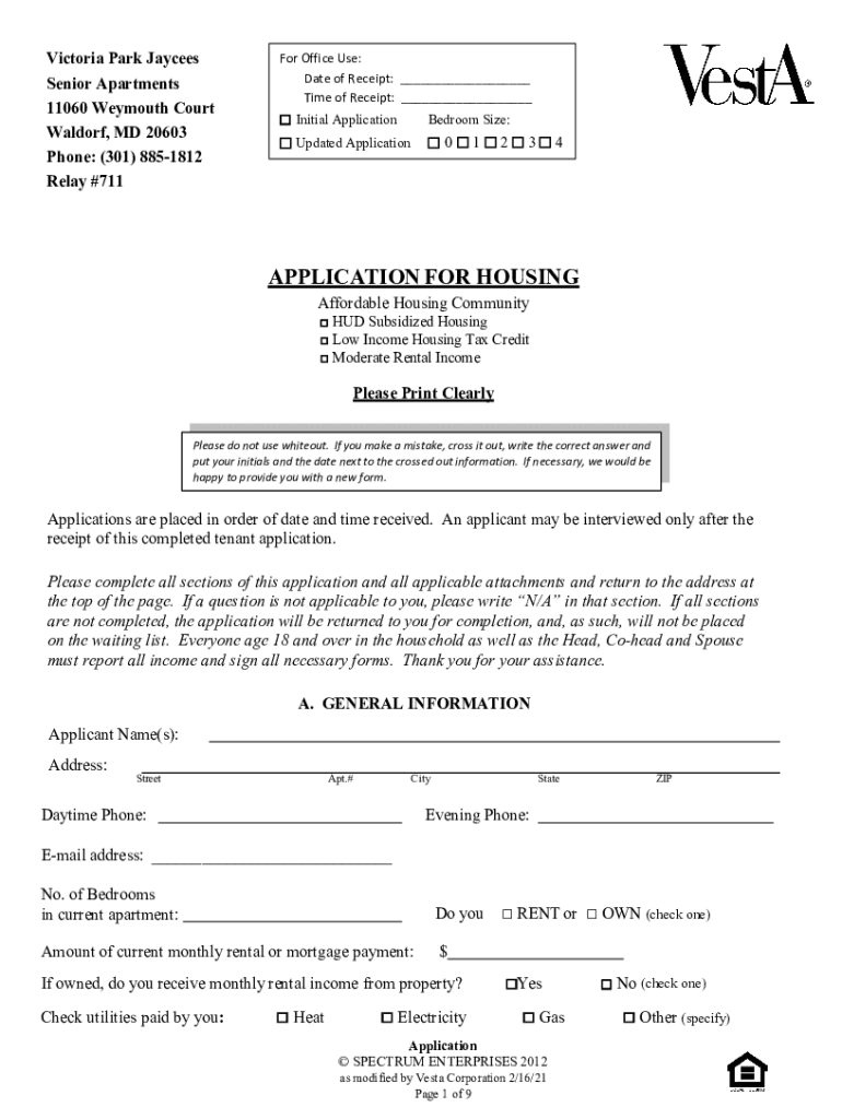 Fillable Online Victoria Park Jaycees Senior Apartments Waldorf, Maryland Fax Email Print