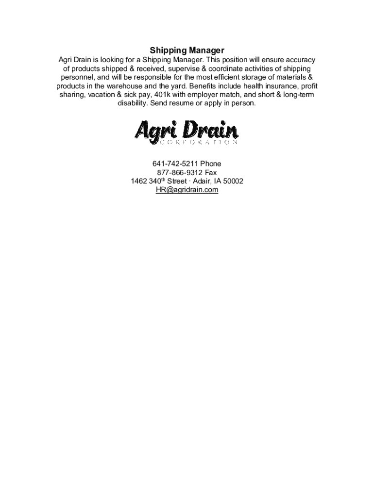 Fillable Online Shipping Manager Job Description Template Fax Email
