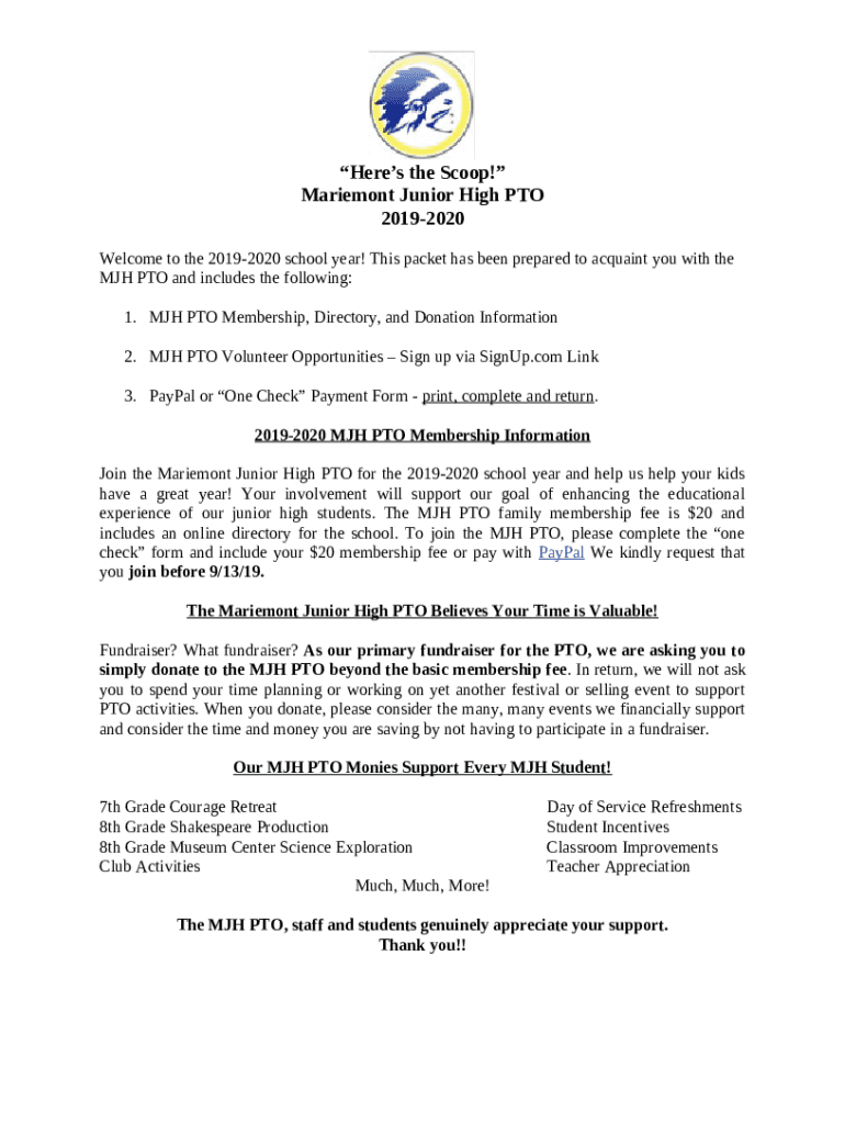 Mariemont Junior High PTO PRIME DAYS START Doc Template pdfFiller