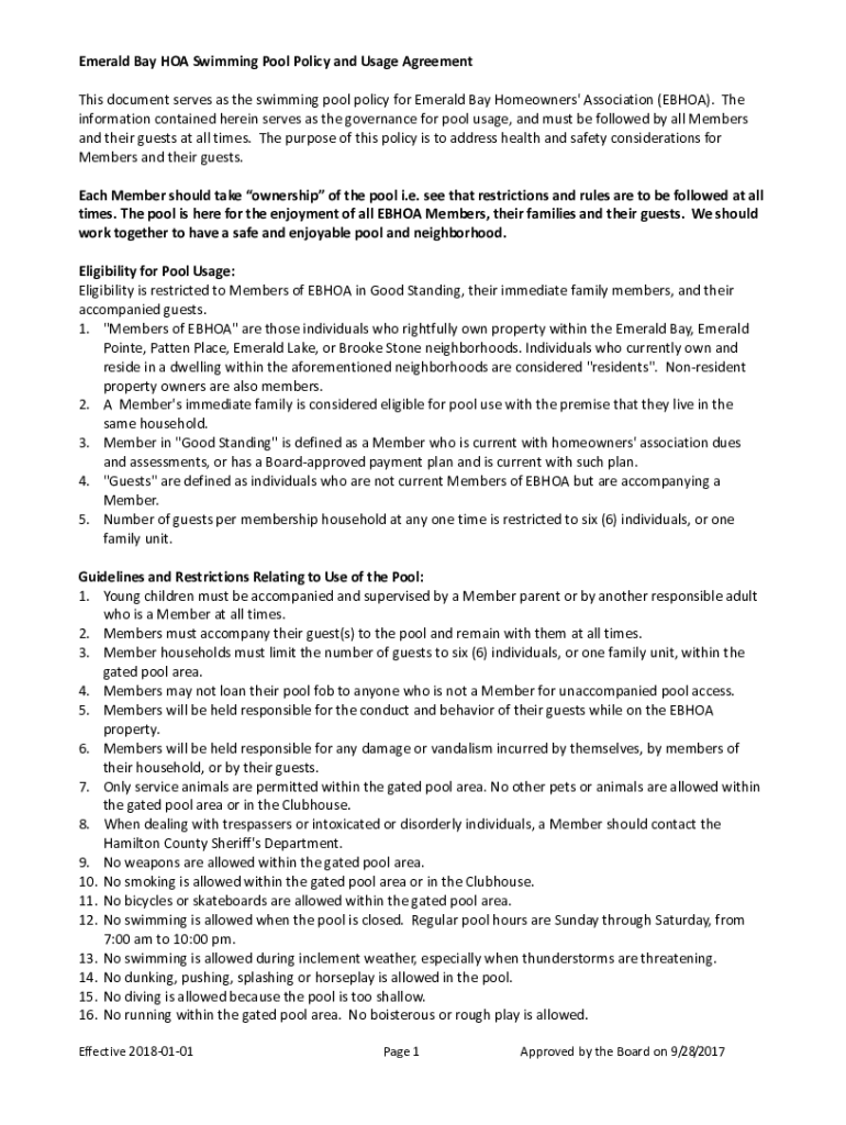 Fillable Online Emerald Bay HOA Swimming Pool Policy and Usage