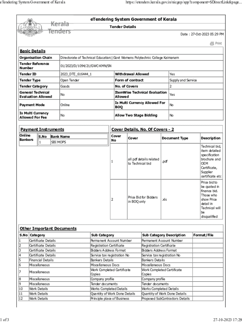 Fillable Online Tenders Status eTendering System Government of Kerala
