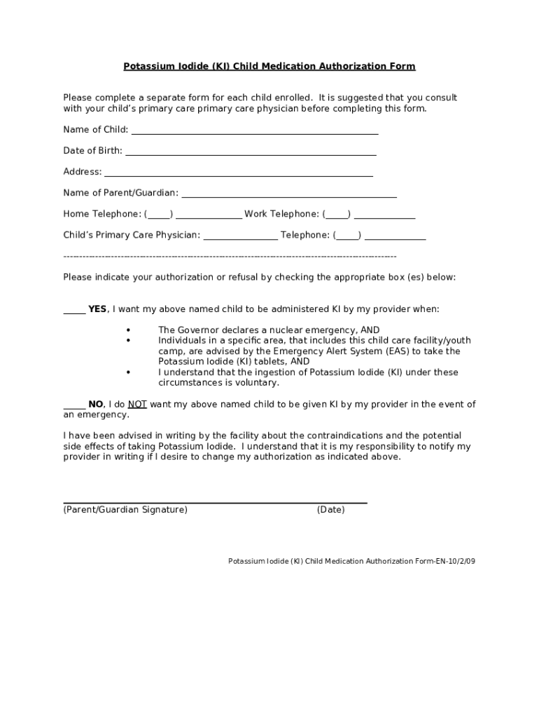 Potassium Iodide (KI) Child Medication Authorization Doc Template
