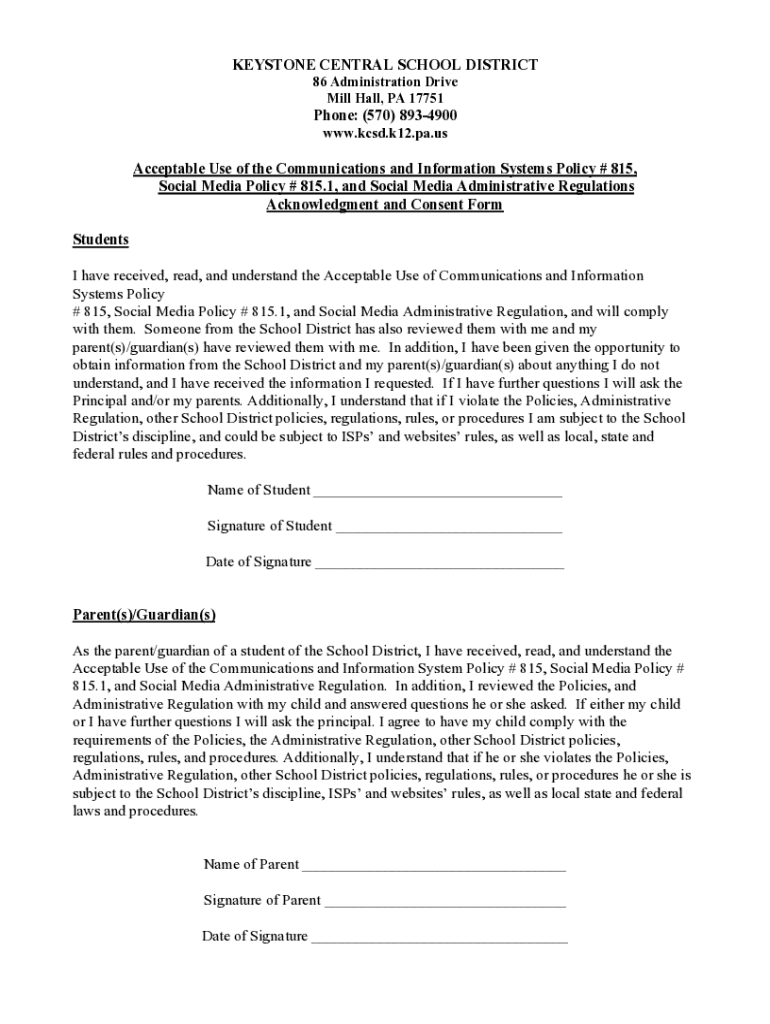 Fillable Online Keystone Central School District City/State Mill Hall