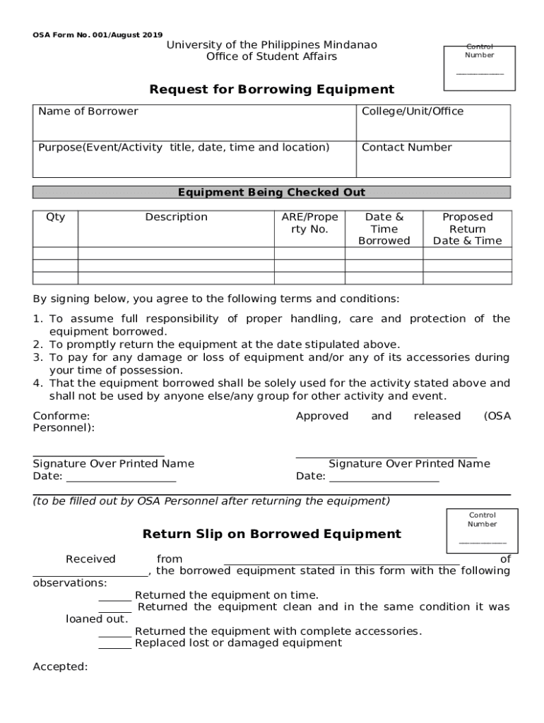 OSA Request for Borrowing Equipment Doc Template pdfFiller