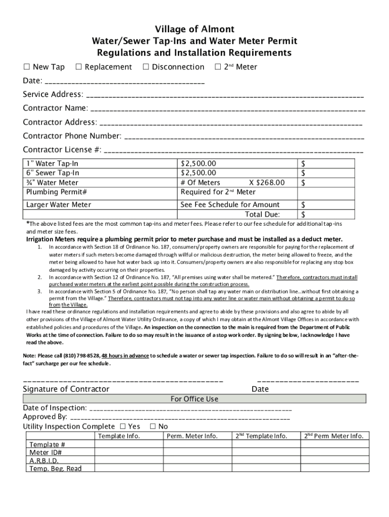 Fillable Online Village of Almont Water/Sewer TapIns and Water Meter