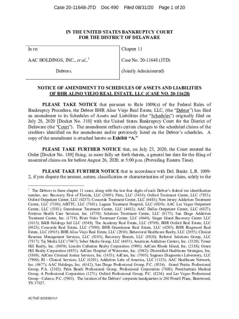 Fillable Online OF BHR ALISO VIEJO REAL ESTATE, LLC (CASE NO Fax Email