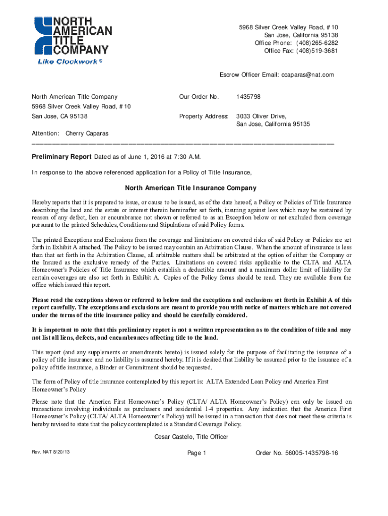 Fillable Online North American Title, 5968 Silver Creek Valley Rd, San